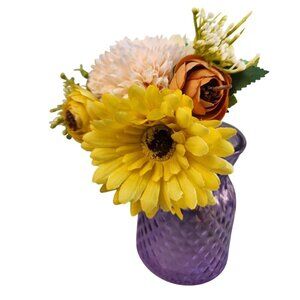 Spring Artificial Yellow & Peach Flowers In Purple Diamond Pattern Glass Vase